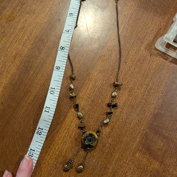 Vintage Brass & Tiger's Eye Flower Lariat Necklace 15.5" By Nancy and Rise - Picture 4 of 4